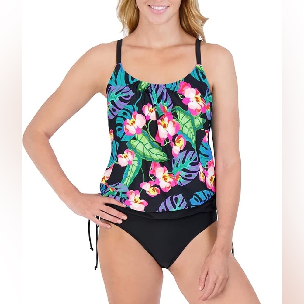 🆕 Caribbean Joe Swimsuit Women's size 10 Blouson Tankini Two Piece Bathing Suit